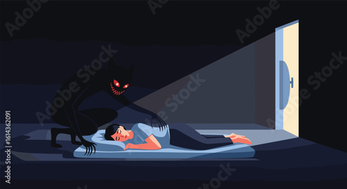 Terrifying nightmare monster looming over a sleeping person in a dark room with light shining from door