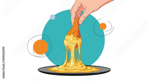 Enjoying a crispy golden fried chicken drumstick dipped in rich molten cheese sauce deliciously prepared for your delightful meal