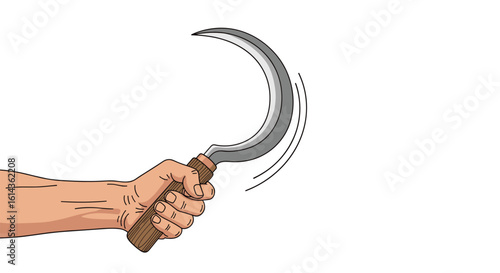 A person holds a sickle in their hand ready to cut plants for harvesting agriculture