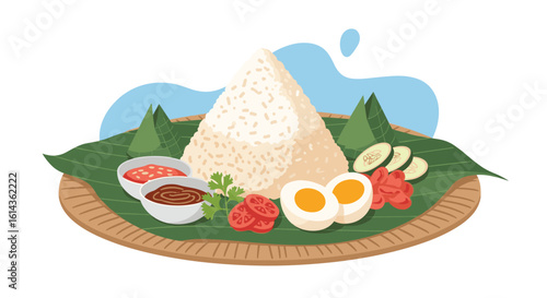 Delicious nasi lemak a traditional malaysian coconut rice dish served with various accompaniments
