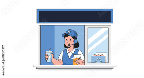 Friendly worker in drive thru window serves customer with drink and food order efficiently