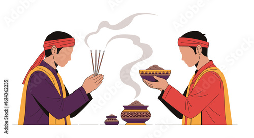 Two figures in traditional attire perform a ritual involving incense and offerings in a spiritual ceremony