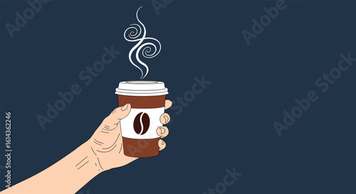 A person holds a steaming cup of coffee with a coffee bean logo on a dark background