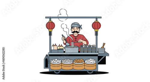 Street food vendor preparing delicious dumplings at a bustling asian night market