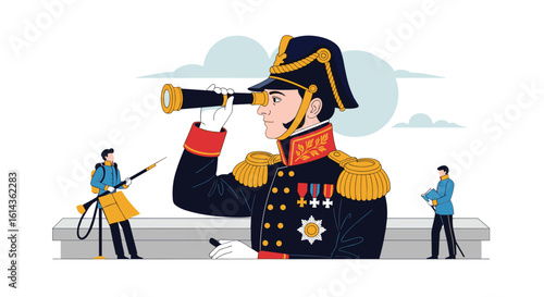 A commander gazes through a spyglass with soldiers standing ready for action