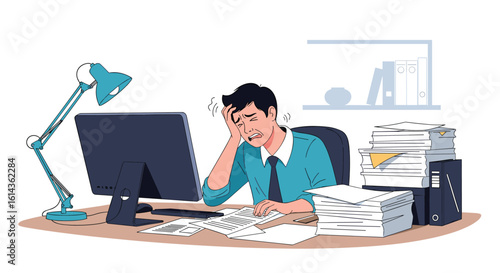 Overwhelmed office worker experiencing high stress levels from excessive paperwork and demanding workload causing fatigue and strain