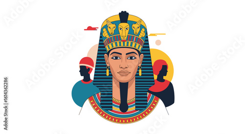 Ancient egyptian pharaoh king with royal headdress and attendants depicting historical royalty culture and civilization