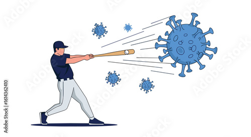 Baseball player hits coronavirus virus particles with bat during health crisis fight