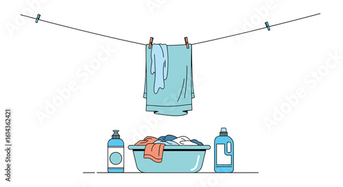 Fresh laundry drying outdoors on a clothesline with detergent bottles and basin of clothes