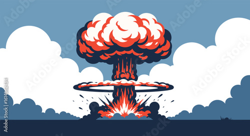 Mushroom cloud explosion displaying intense fiery blast originating from ground level underneath a broad sky