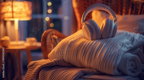 White Headphones on a Cozy Blanket with Ambient Light