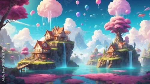 Fantasy Landscape with Houses, Waterfalls and Balloons in a Dreamy Setting