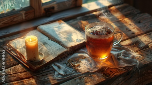 Cozy Reading Moment with Tea and Candlelight