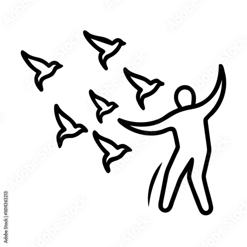 A silhouette of a person stands with outstretched arms, birds take flight, a striking visual capturing liberation. The person embraces freedom, symbolizing the release of the spirit.