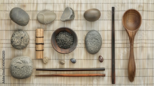 Minimalist Zen Arrangement with Natural Stones and Utensils