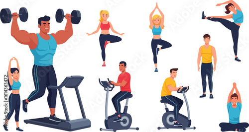 Diverse group of people exercising and working out with fitness equipment isolated on transparent background
