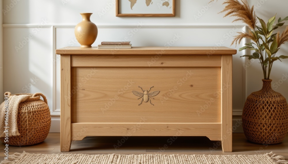 Fototapeta premium Wooden Chest with Decorative Insect Carving