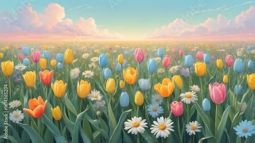 Colorful Tulip Field with Daisies in Bloom Under Bright Sky