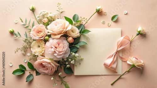 Elegant floral arrangement with a delicate ribbon-adorned stationery card, perfect for wedding invitations or other special announcements.