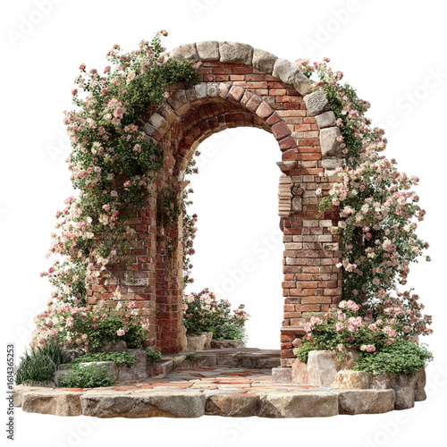 Floral brick archway, a romantic garden entrance isolated on a transparent background  