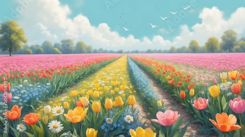 Vibrant Tulip Fields and Birds Flying in a Sunny Spring Landscape
