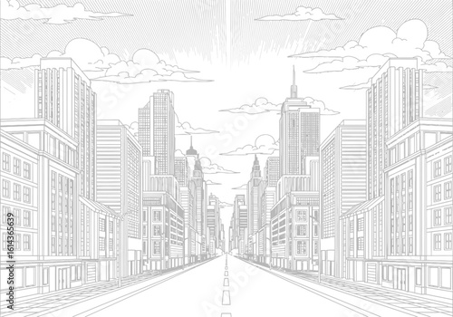 Detailed black and white sketch of a grand city street lined with towering skyscrapers under a cloudy sky