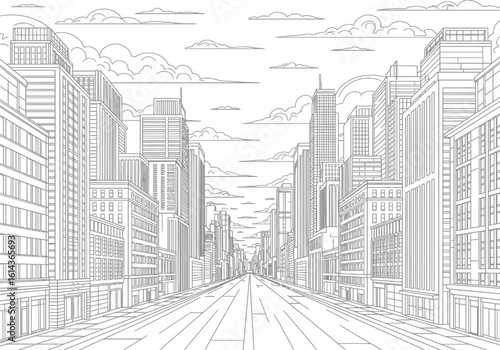 Detailed black and white line drawing of a bustling city street lined with towering skyscrapers and detailed architecture
