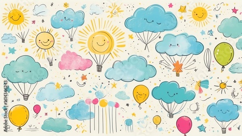 Cartoon Clouds and Sun Balloons Doodle Pattern for Children's Designs
