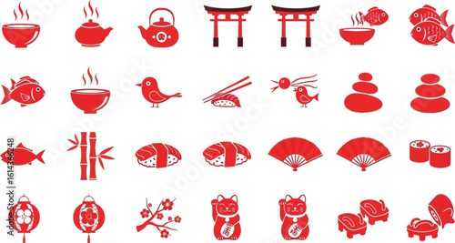 Red japanese themed icons including food animals and cultural symbols