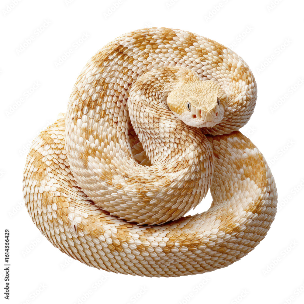 Obraz premium Beautiful Albino Snake Coiled Elegantly on White Background for Nature Photography