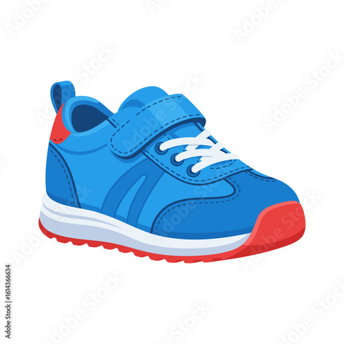 Bright blue children's sneaker with red accents and hook-and-loop closure.