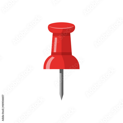 An illustration of a single red pushpin, also known as a thumbtack, isolated on a white background.