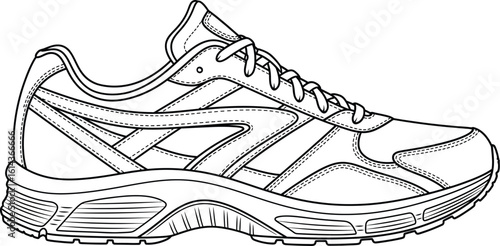Detailed line drawing of a running shoe with laces and textured sole