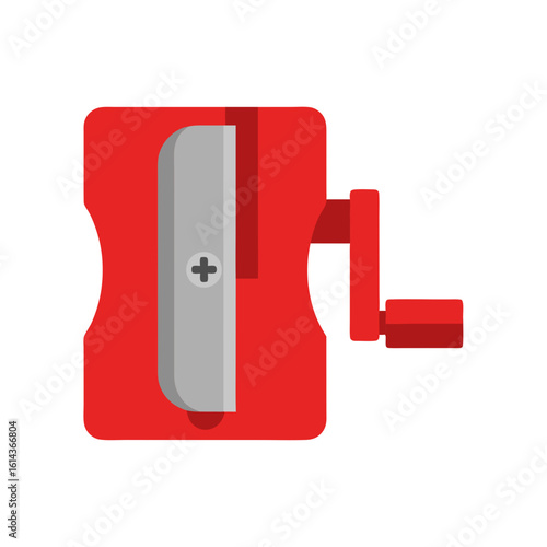 Red hand-crank pencil sharpener, simple design, school supplies, stationery.