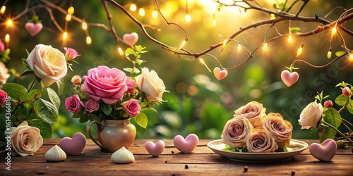 Romantic floral arrangement with pink and cream roses, hearts, and string lights on rustic wooden table