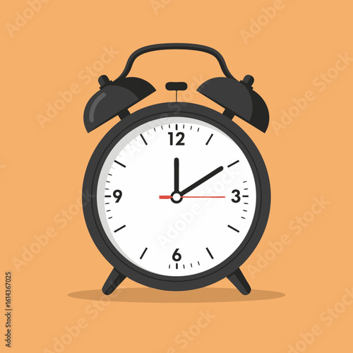 Classic black alarm clock showing the time; simple, minimalist design.