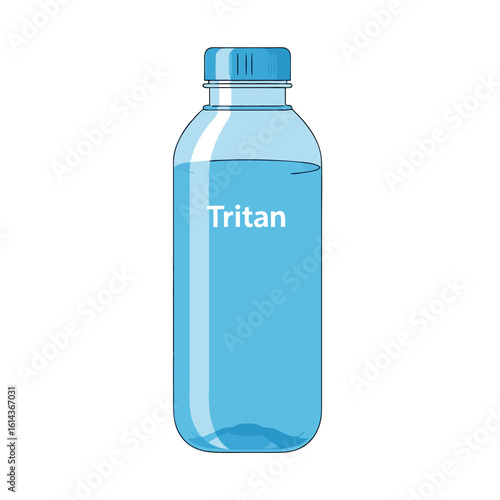Clear plastic water bottle filled with light blue liquid, Tritan label.