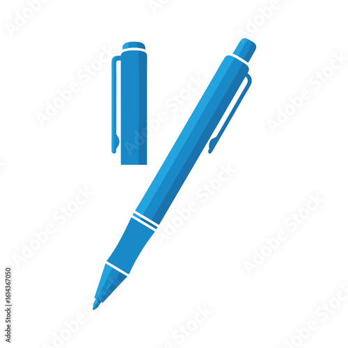 Blue ballpoint pen and its cap, isolated on white background.