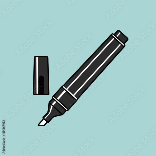 Black marker pen with cap, angled, simple design, illustration.