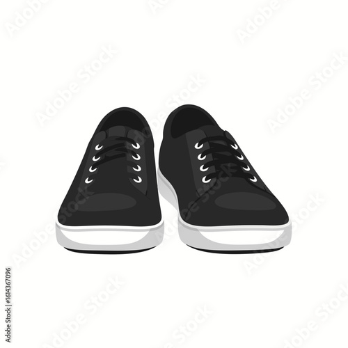 A pair of black sneakers with white soles and laces, shown from a front-facing view on a white background.