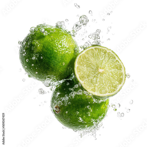 Fresh limes in water splash