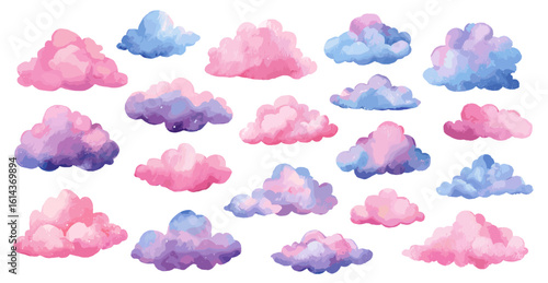 Watercolor pink and blue clouds set. Decorative elements for baby party, room, nursery. Cartoon magical vector children decor
