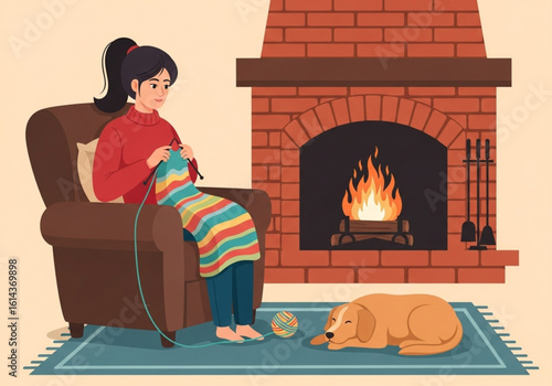 Flat vector illustration of woman knitting with her dog by the fireplace cozy home scene