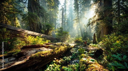 Sunlight streams through a redwood forest, illuminating fallen logs.