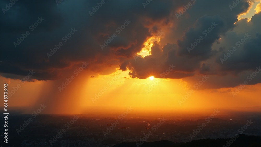 Obraz premium Dramatic Sunset Sky with Rain Shaft