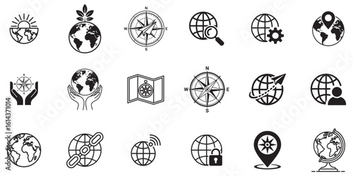 Assorted Black and White Globe and Compass Icons Depicting Travel, Exploration, and Global Business Concepts