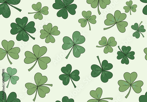 Seamless pattern featuring hand-drawn three- and four-leaf clovers with soft rounded shapes in rich greens on a light cream or pale green background. Festive and simple design for St. Patrick’s Day th
