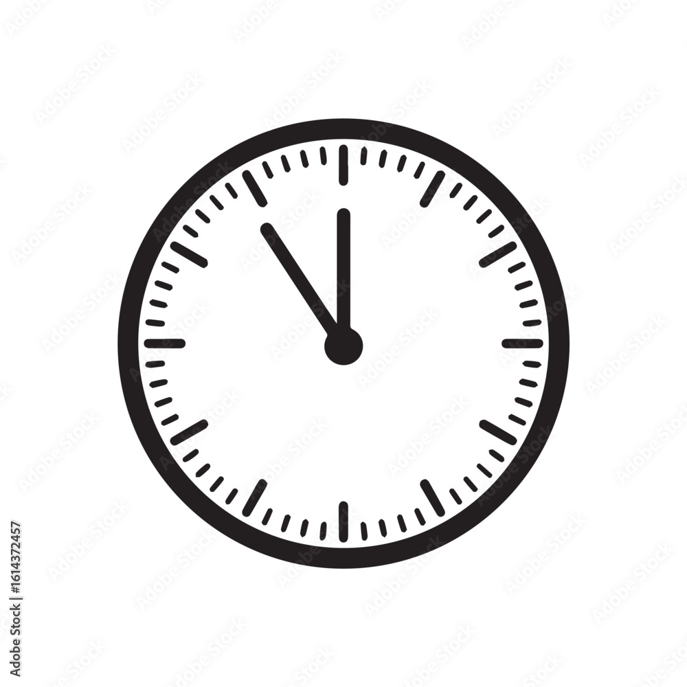 Black and white silhouette of a classic analog clock face showing almost twelve o clock isolated on white background Black and white silhouette of a classic analog clock face showing almost twelve o clock isolated on white background