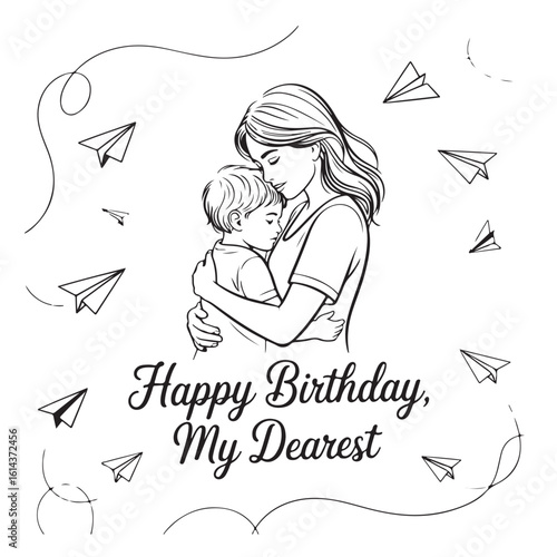 A tender silhouette sketch of a mother holding her baby with a heartfelt happy birthday my dearest message surrounded by playful paper airplanes isolated on white background silhouette