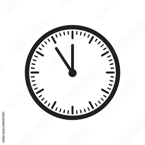 Black and white silhouette of a classic analog clock face showing almost twelve o clock isolated on white background